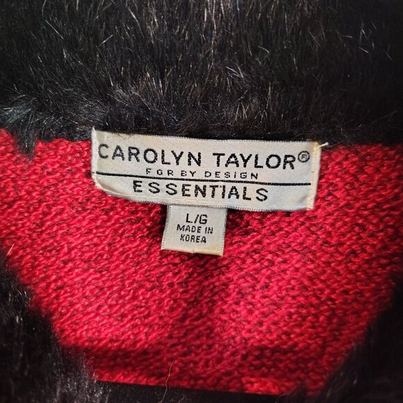 Vtg CAROLYN TAYLOR Cardigan Sweater Large Women's Red Knit Full Zip Faux Fur - Picture 5 of 6